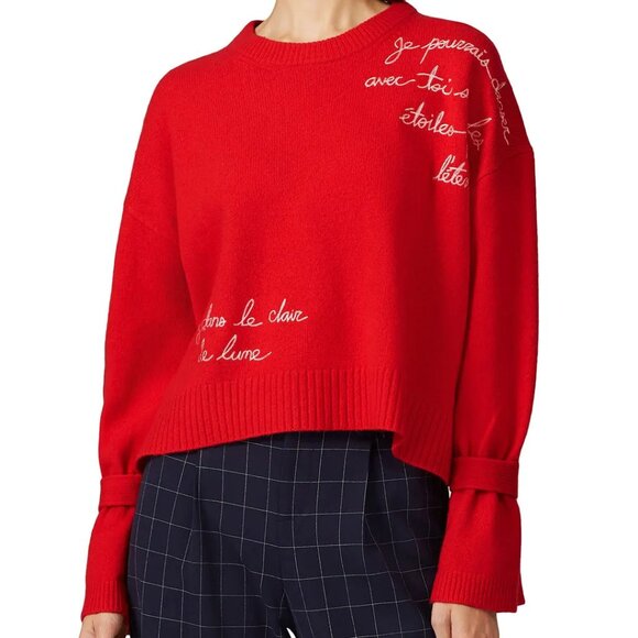 Cinq A Sept Josephine Pullover Wool Blend Cropped Sweater Red Script M - Picture 1 of 8